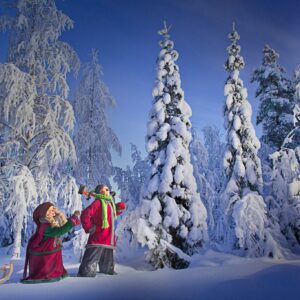 Elves in the snowy Santa Claus Secret Forest.