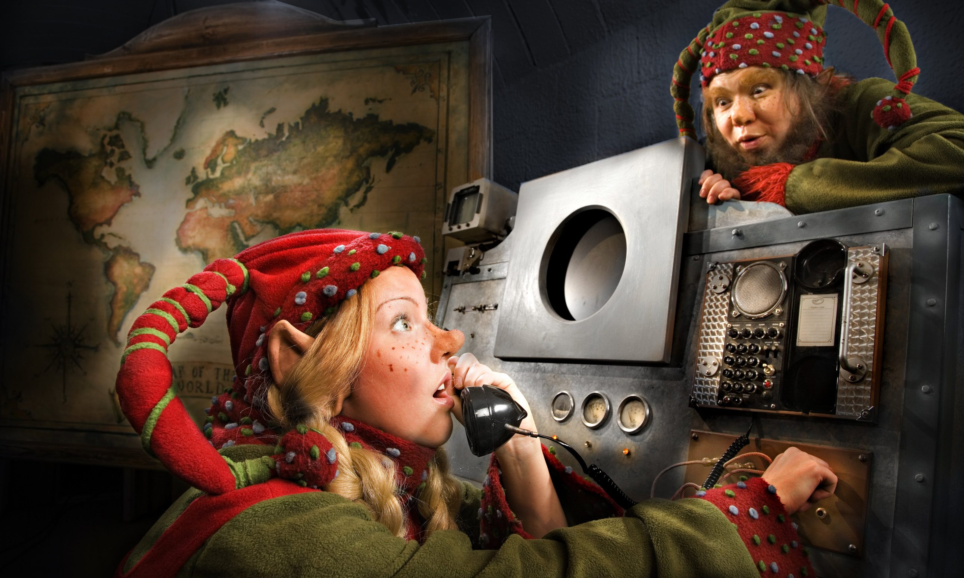 Elves in Christmas Command Center in Santa Claus Secret Forest Lapland