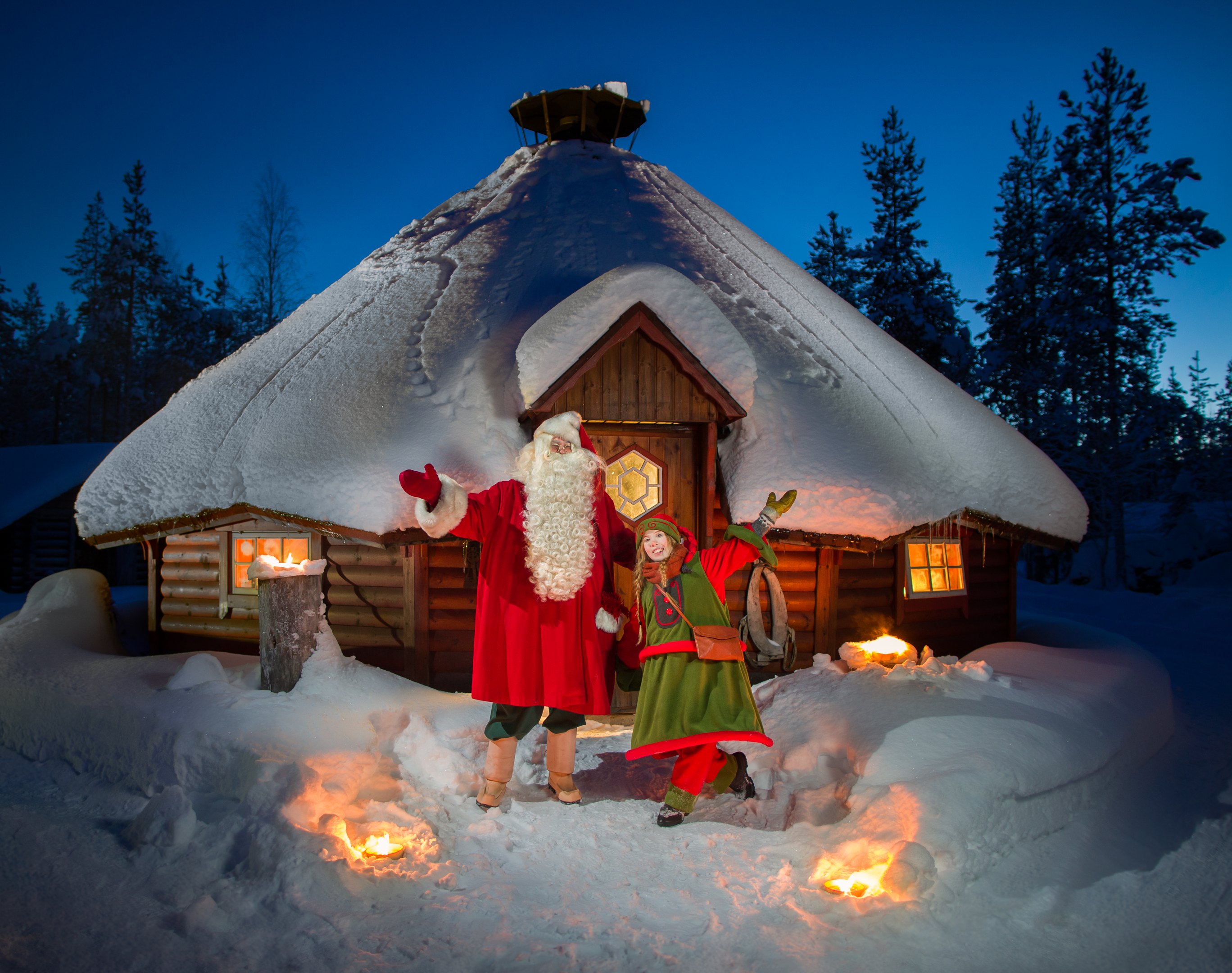 Santa and elf at Kota in Santa Claus Secret Forest Joulukka Lapland